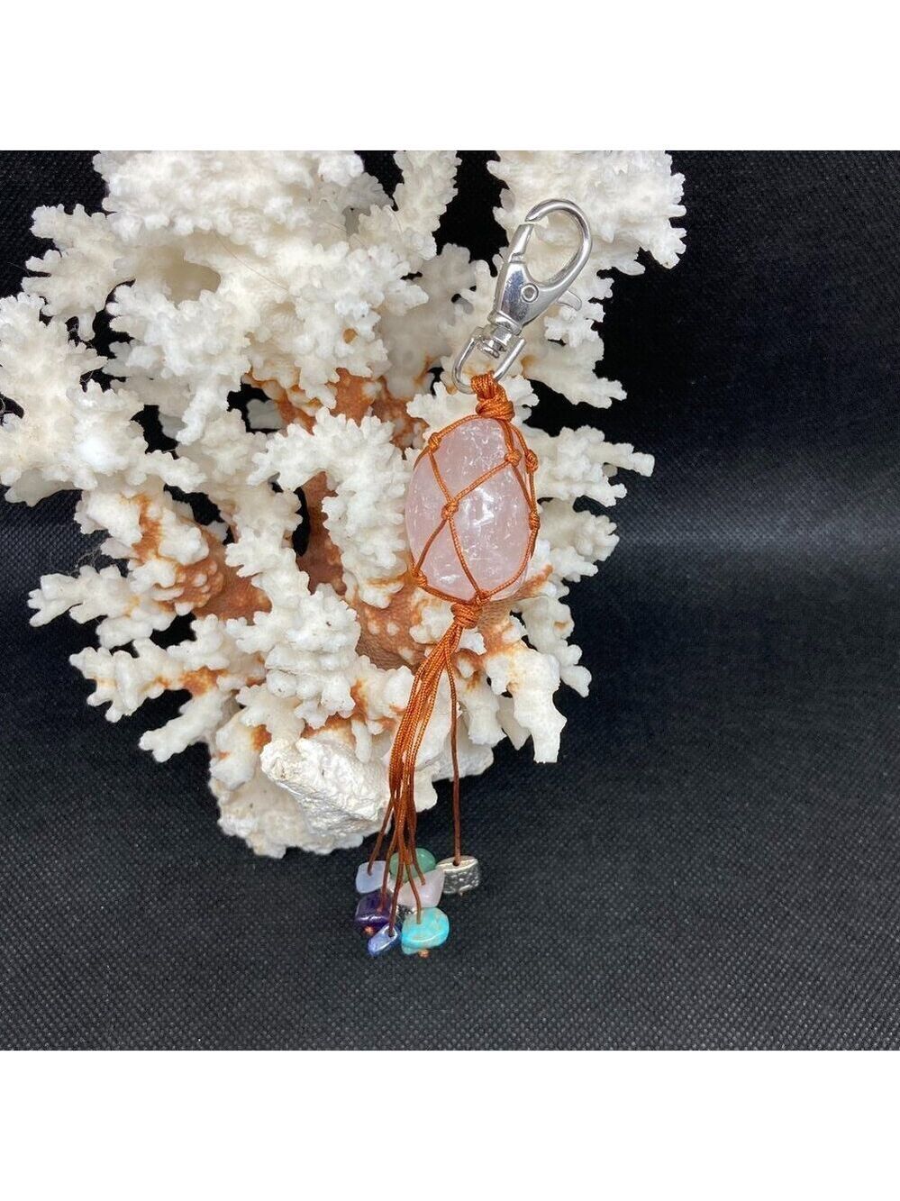 New Looped handle boho style macrame rose quartz keychain/bag clip